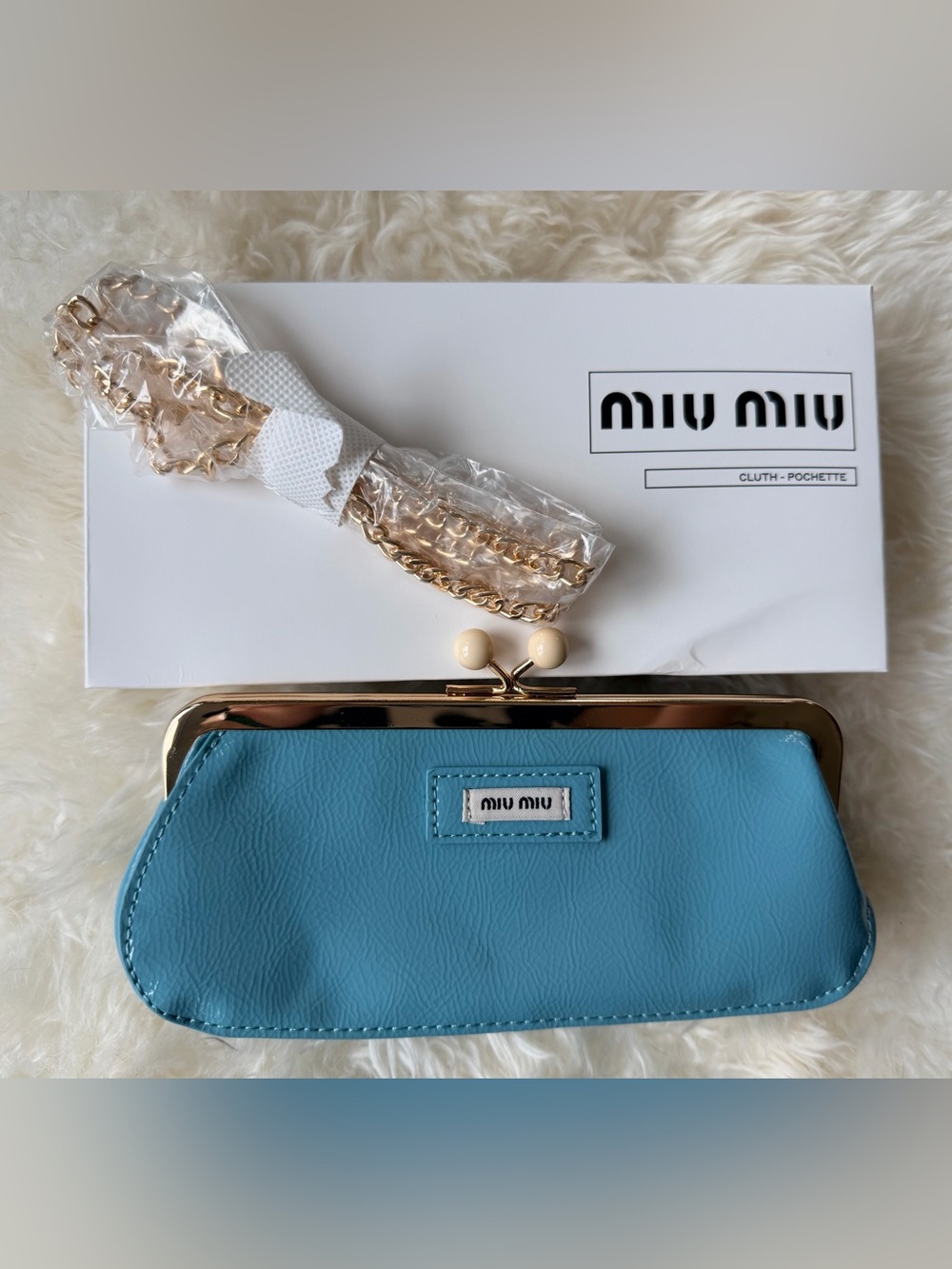 Mui Mui Turquoise Clutch w Chain NEW in Original Box SEALED in Plastic Bag GWP